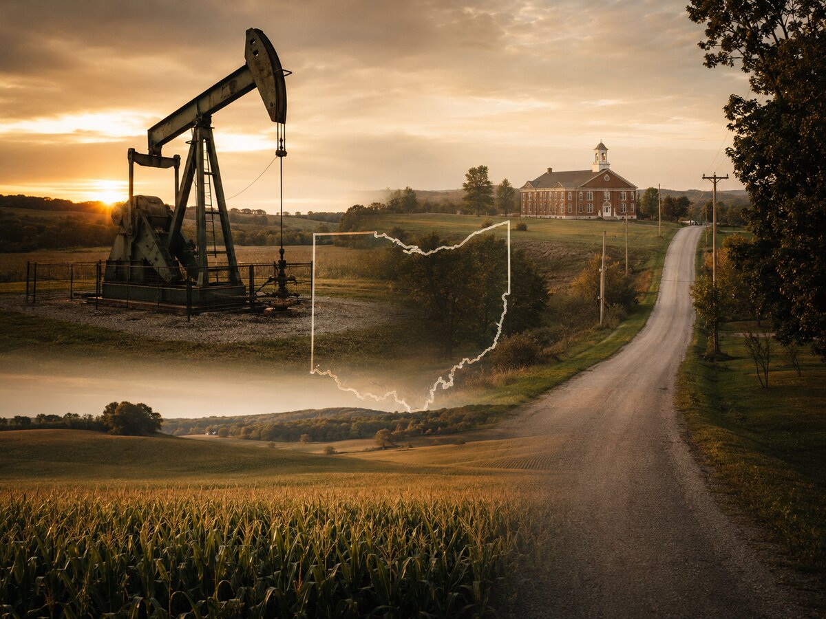 Composite image of an Ohio pumpjack, farmland, a local school, and a township road with an Ohio state outline overlay