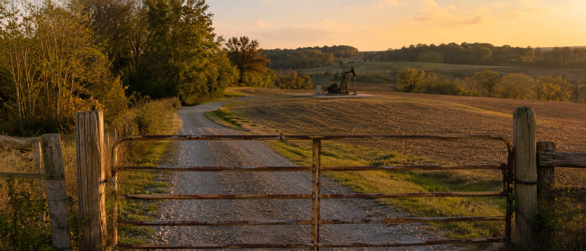 Farm lane with a metal gate and gravel road leading toward a distant conventional oil well