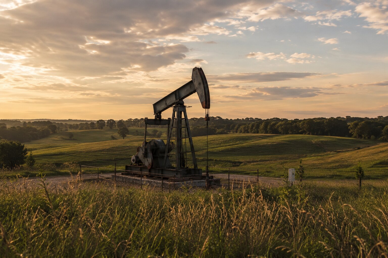 A single conventional pumpjack well at dusk on Ohio farmland, representing four decades of Cutter Oil history